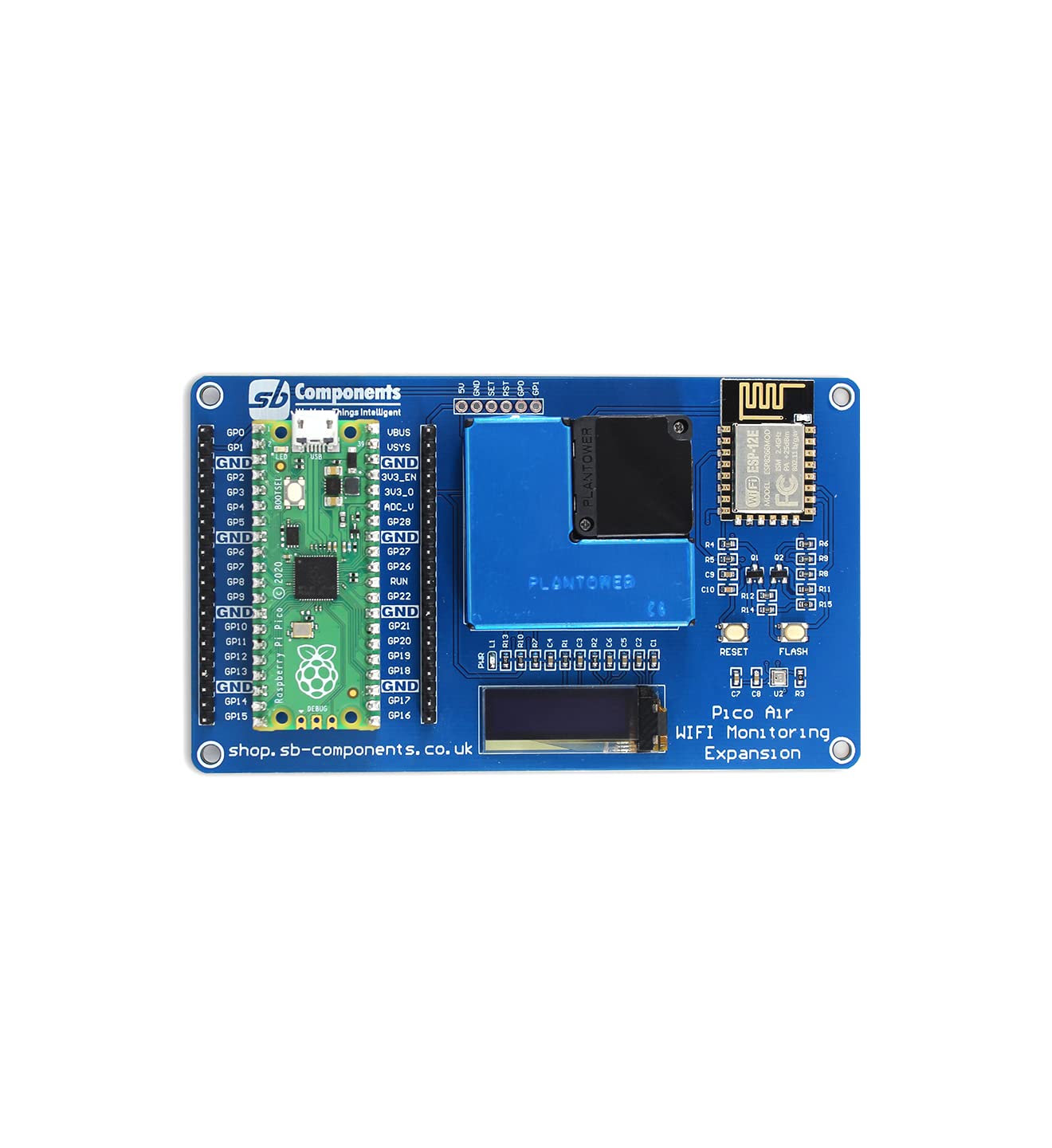 sb components Raspberry Pi Pico with Pico Air WiFi Monitoring Expansion - PMSA003 Sensor, ESP8266 Module, Bosch BME280, 0.91" OLED Display - Development Board - Environmental Sensing