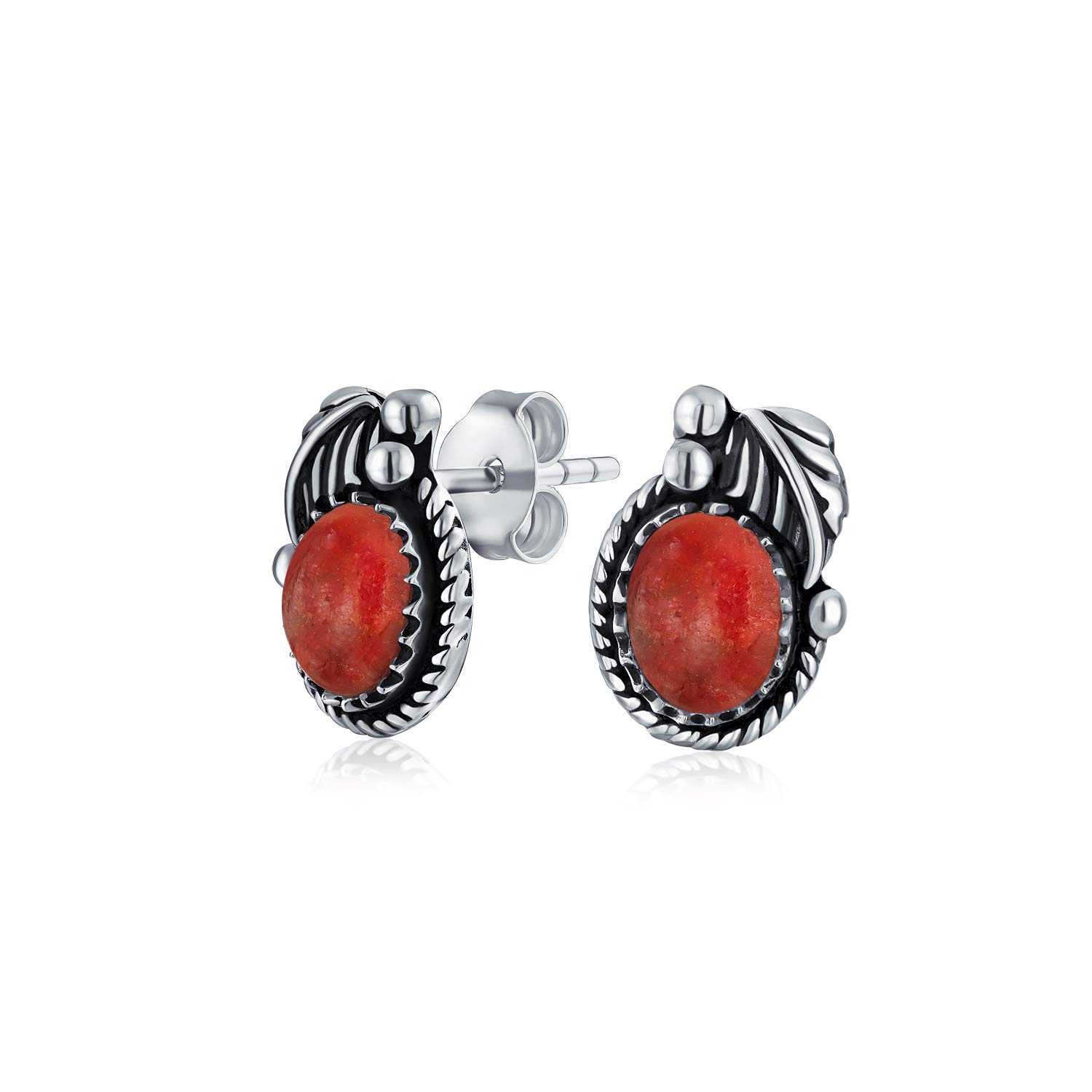 Native American Style Red Orange Coral Gemstone Oval Bezel Leaf Rope Edged Stud Earrings Western Jewelry For Women Oxidized .925 Sterling Silver
