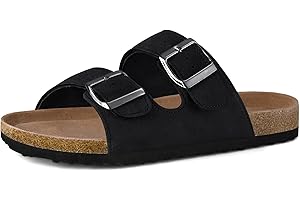 mysoft Womens Flat Sandals Cork Footbed Slides 2 Straps Adjustable Buckle Slip On Summer with +Comfort Shoes