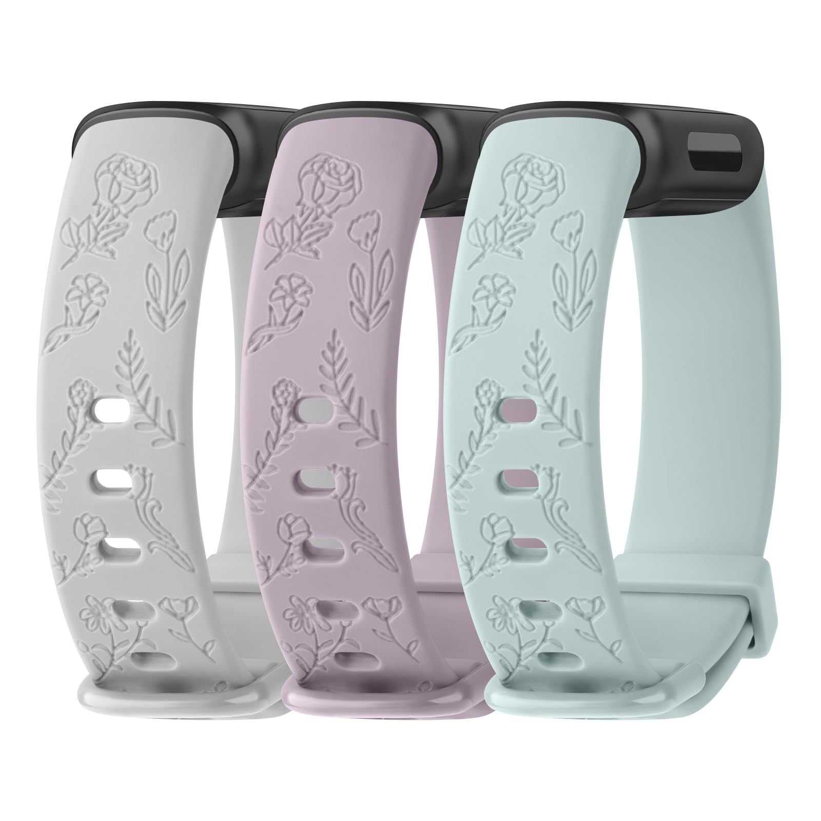 Tobfit 3PACK Flower Pattern Straps for Fitbit Inspire 2 / Inspire HR Straps for Women Men, SoftSilicone Engraved Replacement Watchband for Fitbit Ace 2 / Ace 3 (Black,Large for 180mm - 230mm wrists)