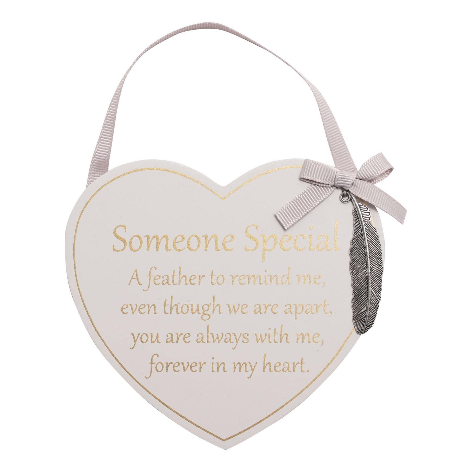 Wooden Heart Memorial Hanging Plaque with Feather Attachment - Someone Special