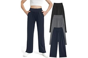 EXARUS 3 Pack Girls Wide Leg Pants Straight/Tapered Flowy Pants Elastic Waist Lounge Sweatpants with Pockets 6-14Y