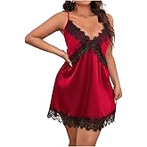 WDIRARA Women's Plus Size Satin Nightgown Lace Trim Backless V Neck Sexy Chemise