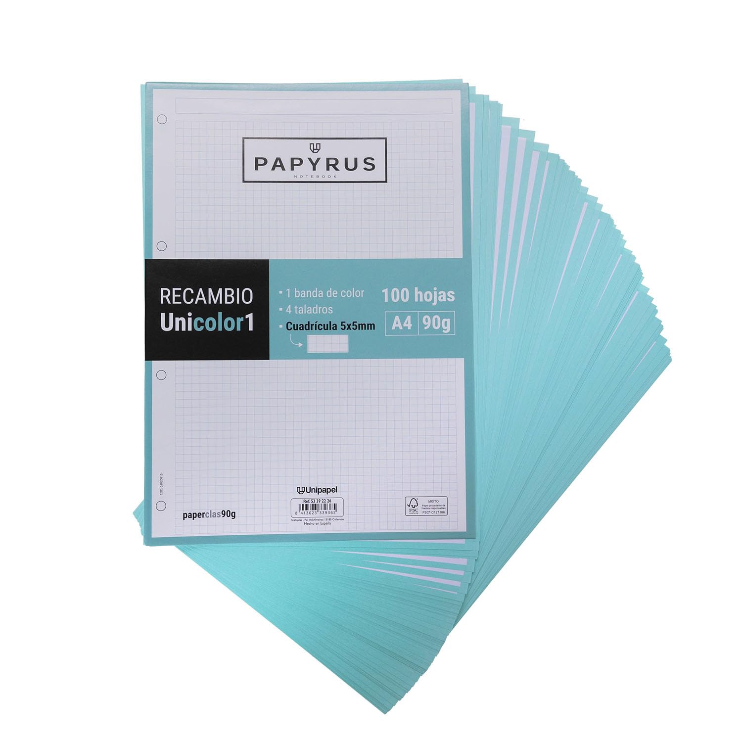 Unipapel 53392226. Refills 100 A4 Sheets, 5 x 5 Grids, Mint Green, PaperClas90g, Papyrus – Solid 1