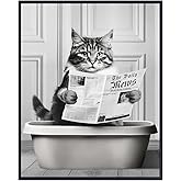 funny Bathroom Wall Decor - Cute Cat Wall Art & Decor - Grey Gray Bathroom Decorations - Black and White small Bath Pictures Accessories - Cat Mom - Pet Stuff - Tabby Kitty Poster - Animal Lover Gifts