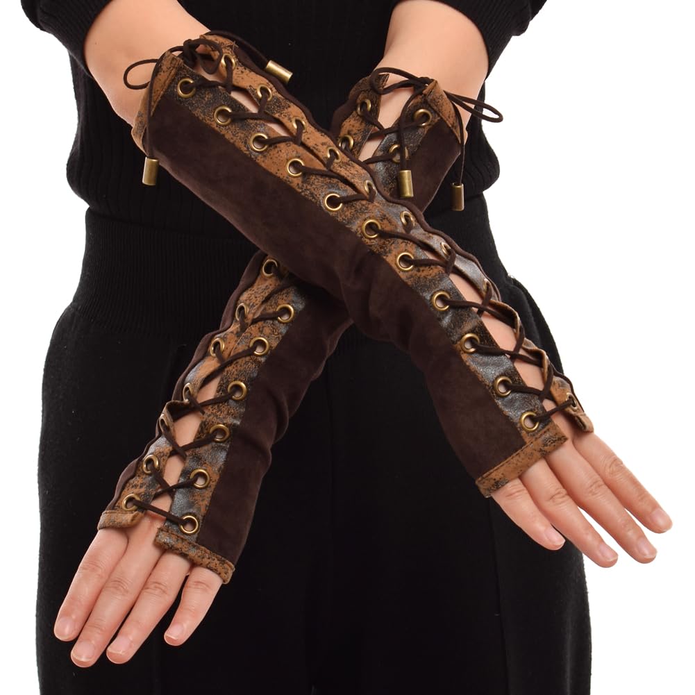 BPURB 1 Pair Women's Steampunk Fingerless Gloves Elbow Lace Up Gloves for Halloween Costume Cosplay Party, brown, One Size