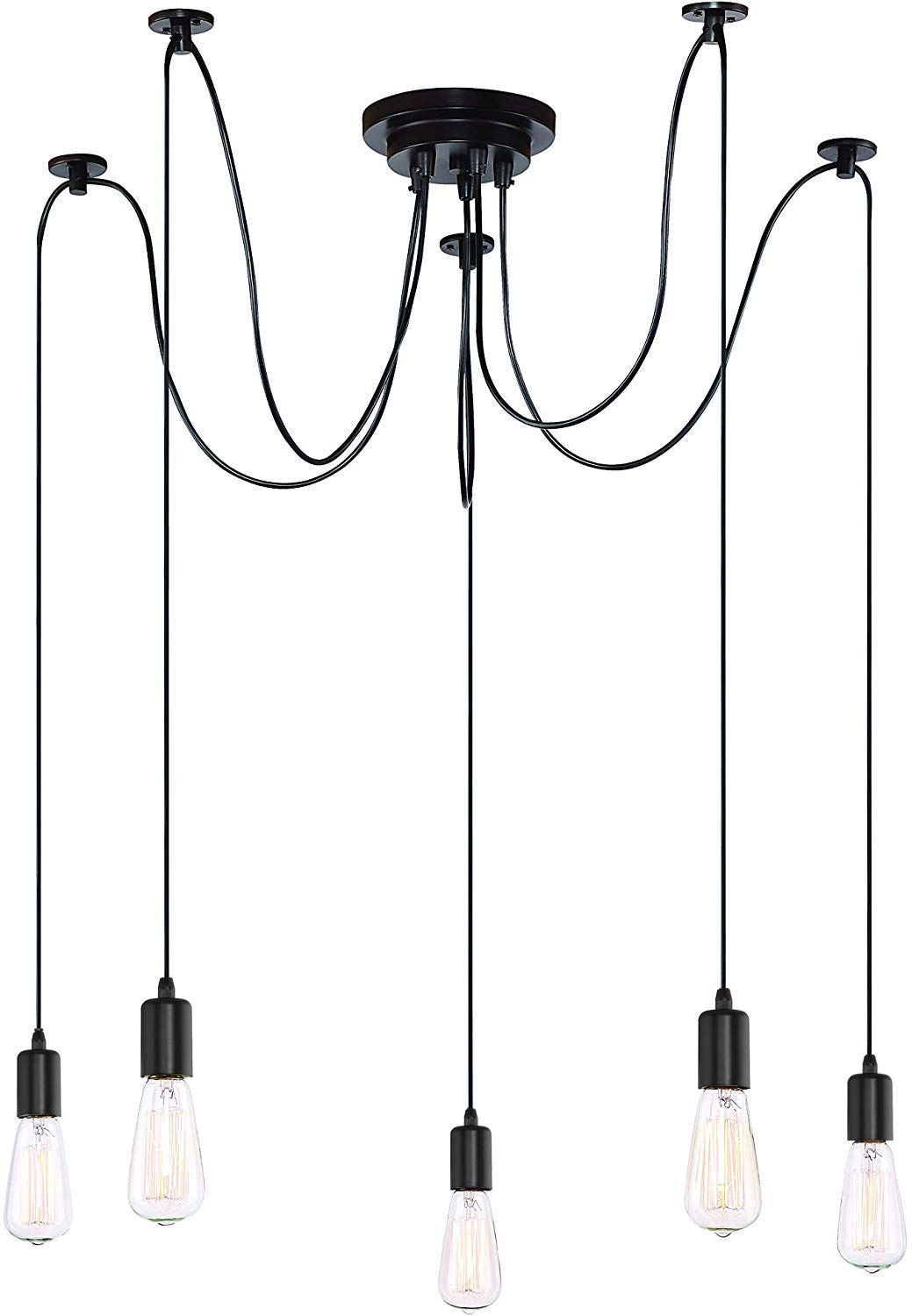 iDEGU Modern and Retro Pendant Light, 5 Arms DIY Spider Chandelier Creative Adjustable 150CM Vintage Ceiling Pendant Lamp Fixture with E27 Socket, Black (5 Lights)