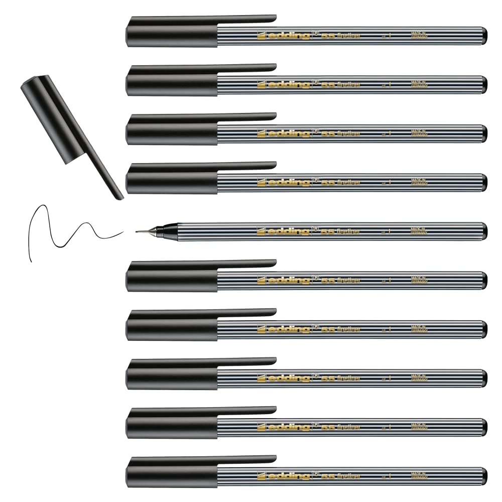 edding 55 - fineliner - black - 10 pens - 0.3 mm nib - colour pen for writing, drawing, underlining, illustrating - for children and adults, at school and in the home or office