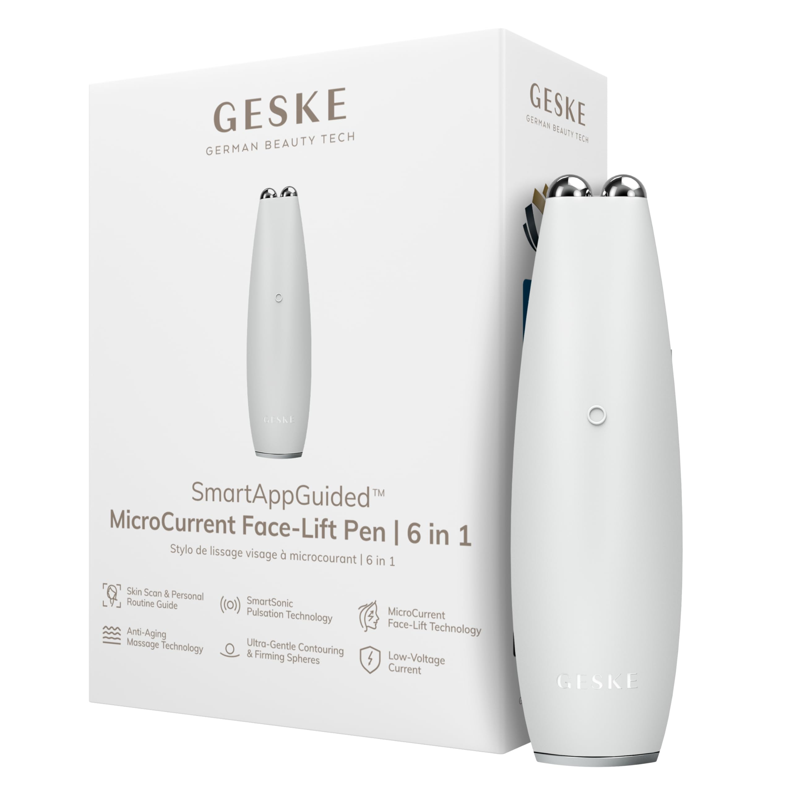 GESKE SmartAppGuided™ MicroCurrent Face-Lift Pen | 6 in 1 | Anti-aging device | Instant face lift | Skincare tool | Remove wrinkles for firm & youthful skin | Advanced smoothing facial firmer