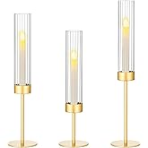 Ninonly Hurricane Candle Holders Set of 3, Tall Brass Candlestick Holders Metal Glass Candle Stands for Wedding Christmas Party Home Table Centerpiece Decorations