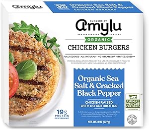 Amylu Foods Organic Sea Salt & Cracked Black Pepper Chicken Burger, Natural Ingredients,19g of Protein, Chicken Raised with N