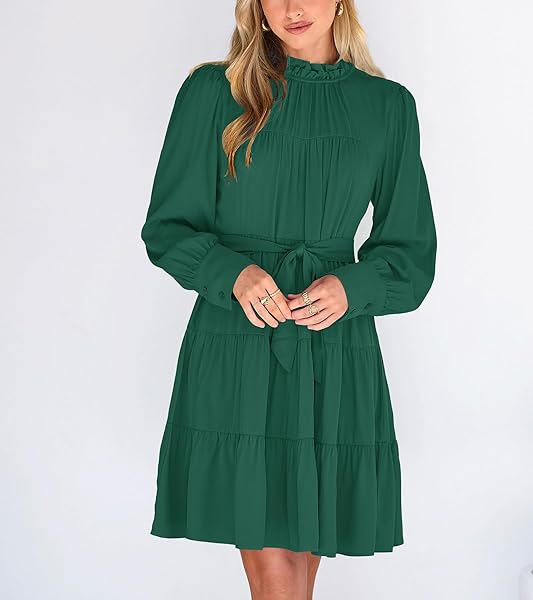 OKIWAM WOMEN’S CASUAL TIERED DRESS SOLID COLOR CREW NECK RUFFLE DRESS LONG SLEEVE MINI DRESS A LINE DRESSES