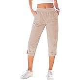 GRAPENT Capri Cargo Pants for Women High Waisted Pull On Elastic Waist Stretch Twill Fold Hem Capris Pants with Pockets