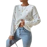 myzgx Women's Cute Ditsy Floral Embroidered Sweater Loose Fit Crewneck Ribbed Knit Jumper Pullover Tops