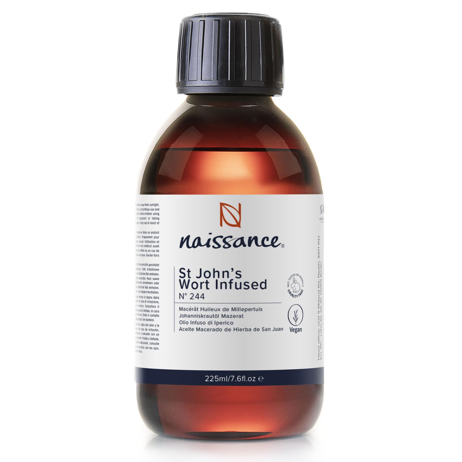 Naissance St John's Wort Oil (No. 244) - 225ml - Pure, Natural - Infused in Sunflower Oil - for Homemade Beauty Formulations, Massage, Skincare