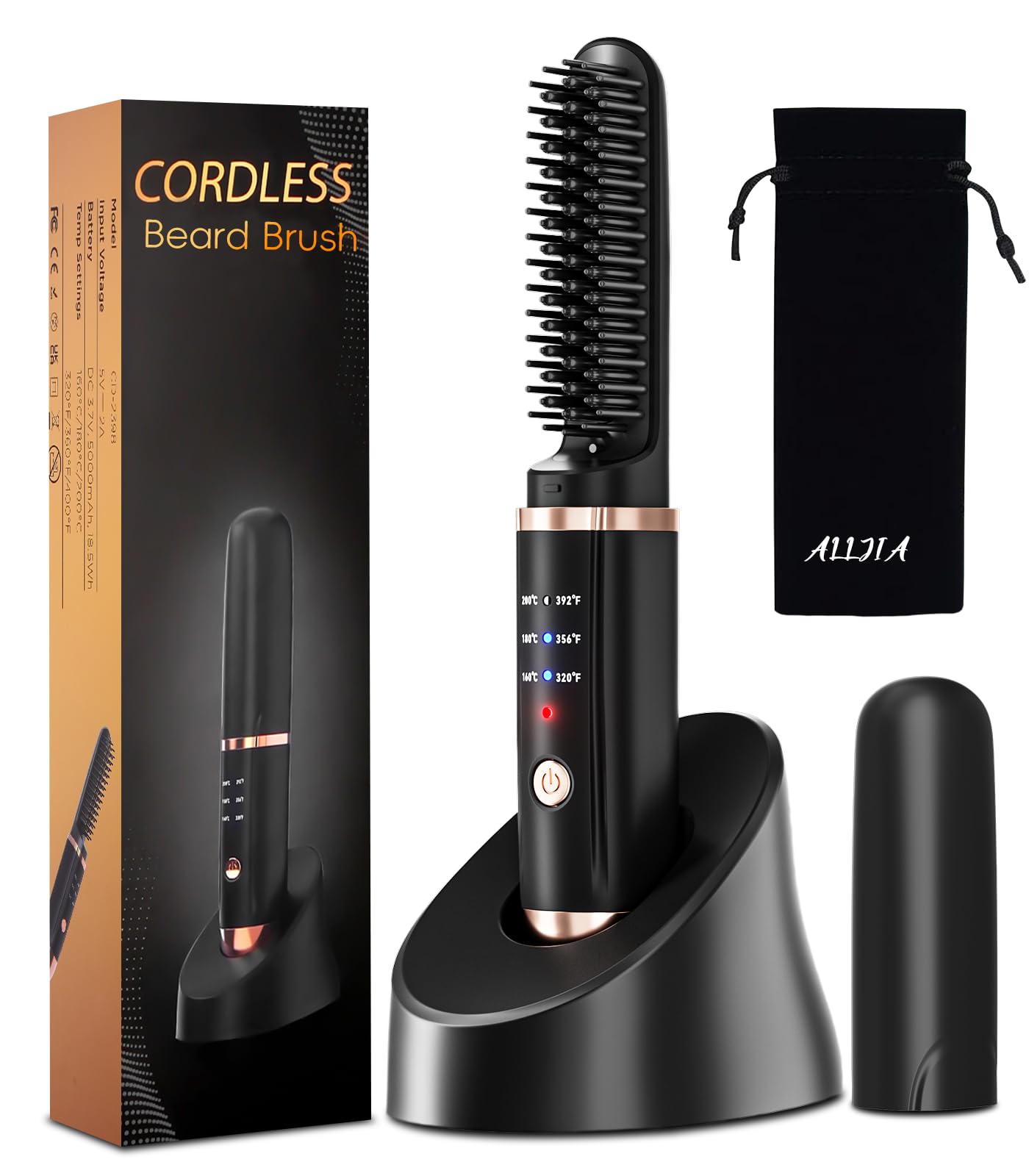 Cordless Beard Straightener for Men Travel, 30s Quick Heat 5000mAh Rechargeable Beard Brush with 3 Temp. (max 200°) Anti-Scald, Electric Facial Beard Styler Comb on Business, Auto-Off