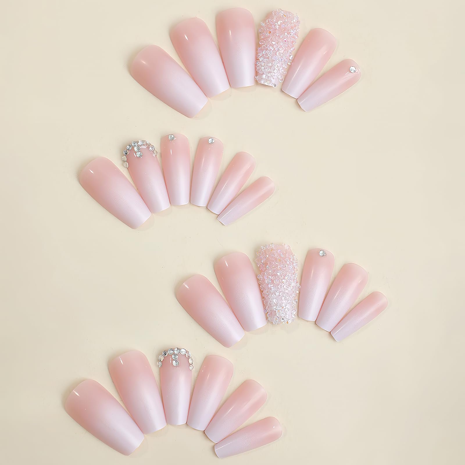 Jremg Pink Press on Nails Long Square Coffin Fake Nails Pink White Ombre Full Cover Acrylic Nails Glossy Gradient False Nails with Design Rhinestone Stick on Nails for Women Girls Manicure 24Pcs - Image 4