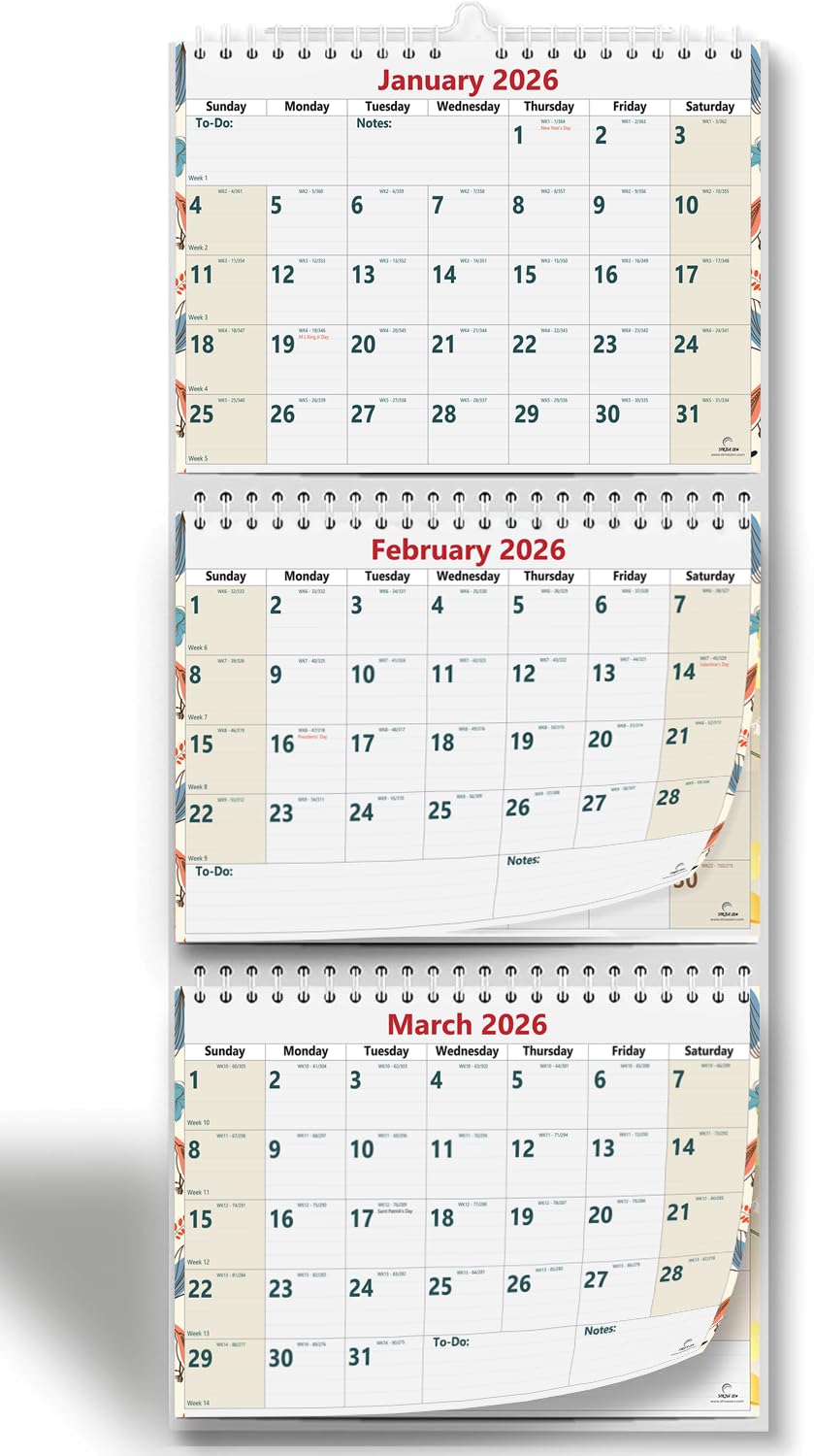 2026 2027 3-Month Wall Calendar by StriveZen, Move-a-Page, 11 x 26 Inches, Large, Vertical, Wire bound, January 26 - December 27, Use as Three Separate Calendars