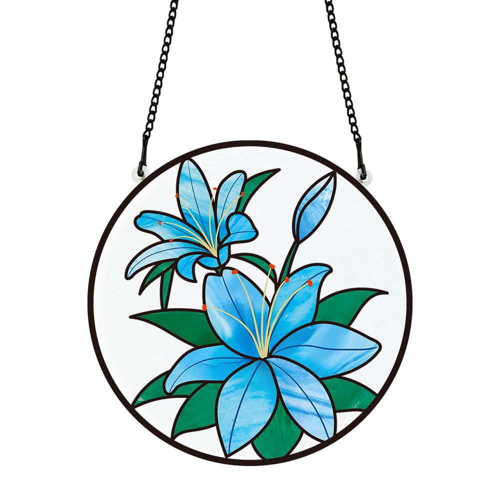 PLIGREAT Suncatchers Blue Lily Flowers Acrylic Stained Glass Sun Catchers Summer Patio Garden Hanging Tree Ornaments for Living Room Bedroom Playroom Window Decoration Wall Art Decor Memorial Gifts