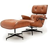Mid Century Chaise Lounge Chair with Ottoman, Top Black Grain Leather, Modern Office Chair Classic Design, Heavy Duty Base Su