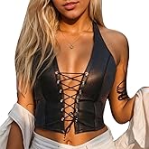 HOTSO Leather Tops for Women Sexy Faux PU Halter Crop Tank Top Bustier Lace-up Straps Lingerie Deep V Neck Wet Look Bodycon