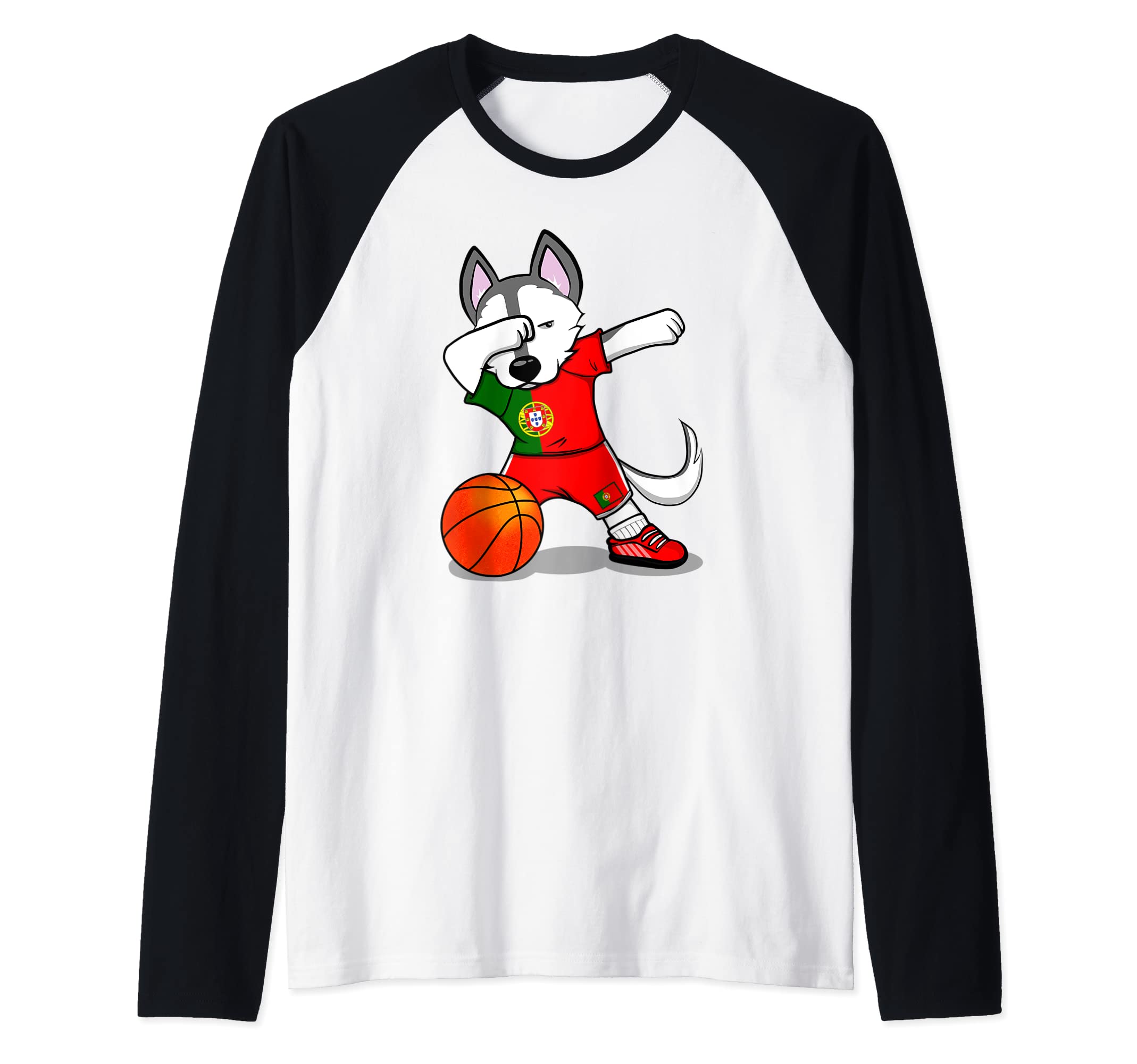 Funny Dabbing Husky Dog Portugal Basketball Fans Jersey Flag Raglan Baseball Tee