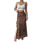 SHENHE Women's Chiffon Leopard Print Ruched Drawstring Split Thigh Bodycon Maxi Skirt