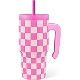 Checkered Tumbler 20oz with Handle and Silicone Straw Lid for Kid, Reusable Stainless Steel Water Bottle, Spill Proof and Leak Resistant, Gift for Kids Girls