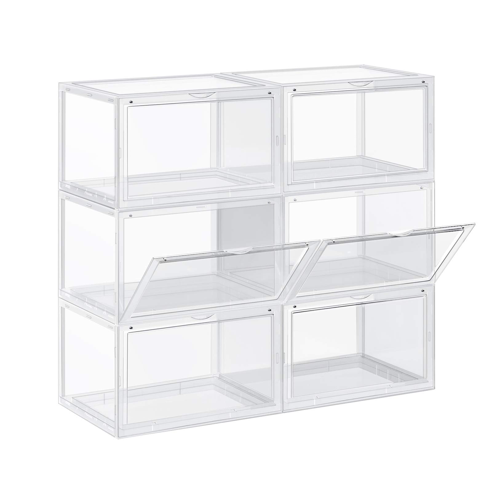 SONGMICS Shoe Boxes, Pack of 6, Stackable Storage Chest with Door, Plastic, Size up to 46, 36 x 28 x 22 cm, Transparent LSP06CW