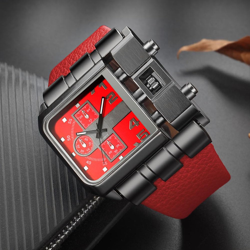 Reginald Hip hop Men's Watch Big Face Watch for Men Square Novel Face Dial Stainless Steel Quartz Leather Strap WristWatches