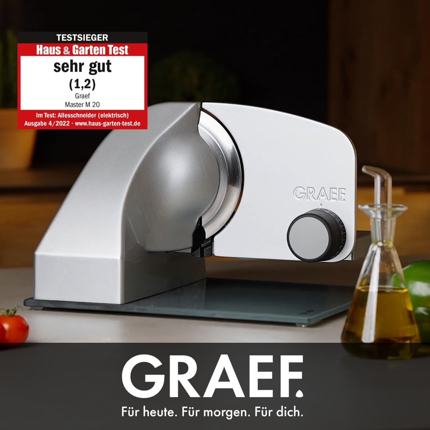 GRAEF. Master M20 - Elektrischer Allesschneider, Made in Germany, Vollstahlmesser Ø 170 mm für feinste Schnitte, Schnittstärke 0-20 mm, Kondensatormotor 170 W, Vollmetall, Schneidemaschine, Silber 3