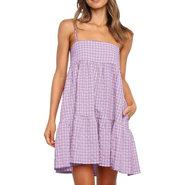 LPCBDEE Womens A-line Plaid Dresses Ruffle Hem Shoulder Straps Casual Mini  Dress with Side Pocket Apricot Yellow at Amazon Women's Clothing store