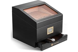 GLENCREAG FT-2042 Cigar Humidor Box for up to 85 Cigars – Spanish Cedar Lining, Digital Hygrometer, Accessory Drawer, Humidifier & Clear Display – Elegant Gift for Cigar Enthusiasts