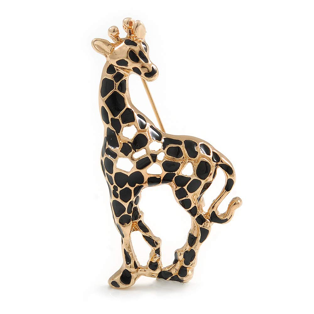 Gold Tone Black Enamel Giraffe Brooch - 50mm Tall