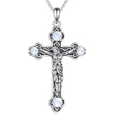 MILKYX 925 Sterling Silver Crucifix Necklace with Natural Moonstone, Vintage Religious Cross Pendant Jewelry for Women Men, Christian Gift