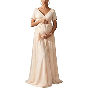 Yissang Maternity Maxi Dress Short Sleeve Chiffon Flowy Baby Shower Gown | Light chiffon maternity gown, wrap V neck short sl