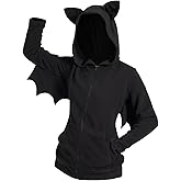 DRESSFO Women’s Halloween Hoodie Costume – Zip-Up Hooded Jacket with Cat Ears and Mini Bat Wing Detail (Black/1X)