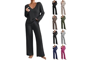 TIGENA 2 Piece Outfits for Women Knit Sweater Long Sleeve Crewneck Tops and Wide Leg Pants 2024 Ribbed Fall Lounge Set