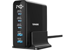 TOPADRE 140W USB C Charging Station with Display, 5-Port GaN USB C Charger Block, Max 100W USB Hub Laptop Charger Compatible with MacBook Pro/Air,iPhone 15/14/13/Mini/Pro/Pro Max/Samsung Galaxy, Black