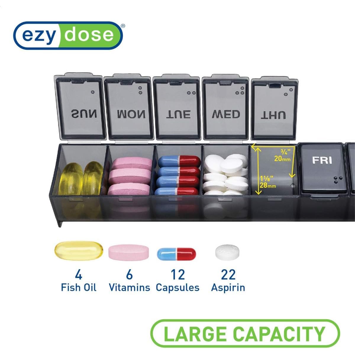 EZY DOSE Weekly (7-Day) Daily Pill Case, Medicine Planner, Vitamin Organizer, Supplement Container, Convenient and Easy to Use, Large Compartments, Travel Friendly, Black, Made in the USA, BPA Free