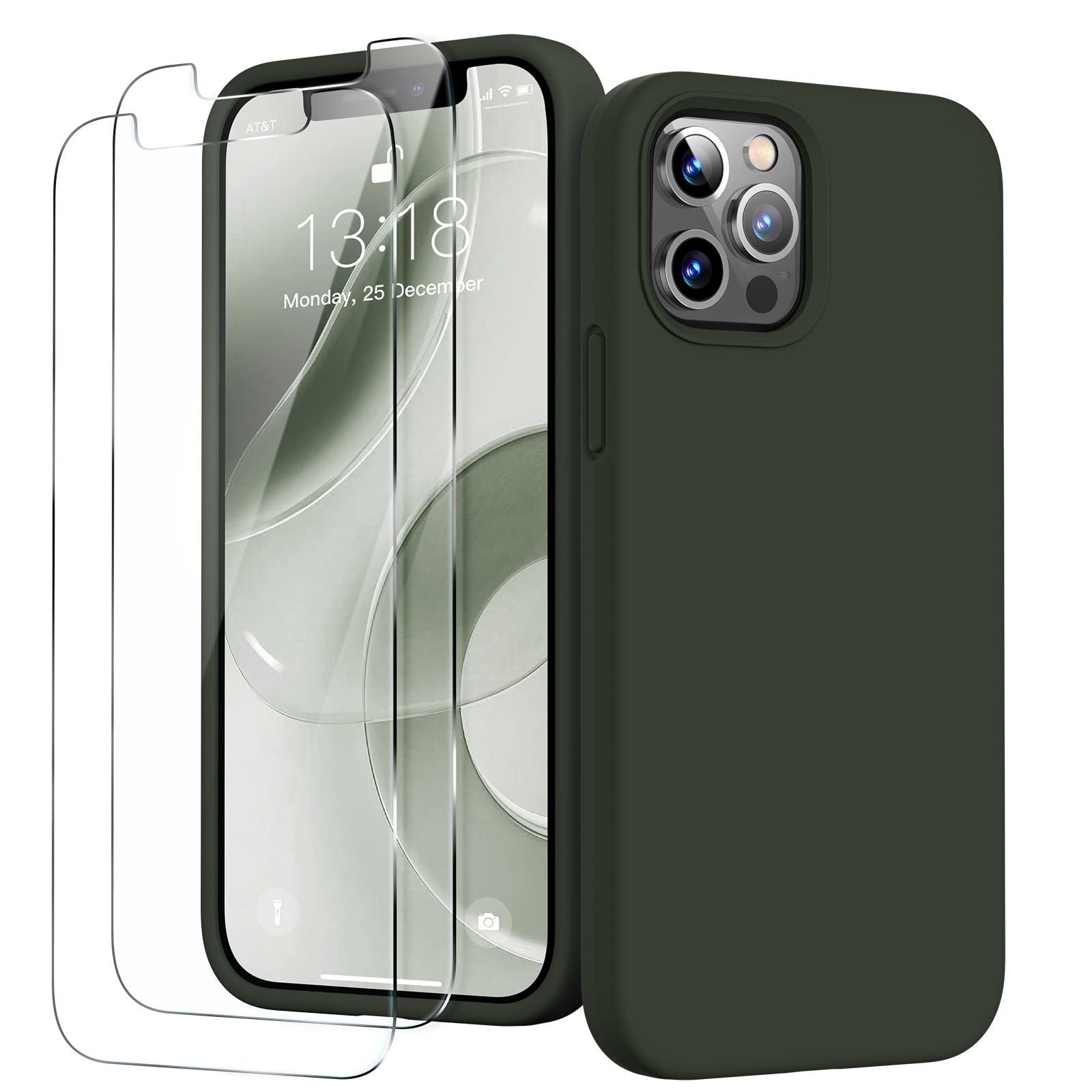 GOODVISH 3 in 1 for iPhone 12 Pro Max Case Liquid Silicone with 2x Screen Protector, Anti-Scratch Full covered Microfiber Lining Shockproof Protective Slim Phone Case Cover 6.7", Army Green — image 1