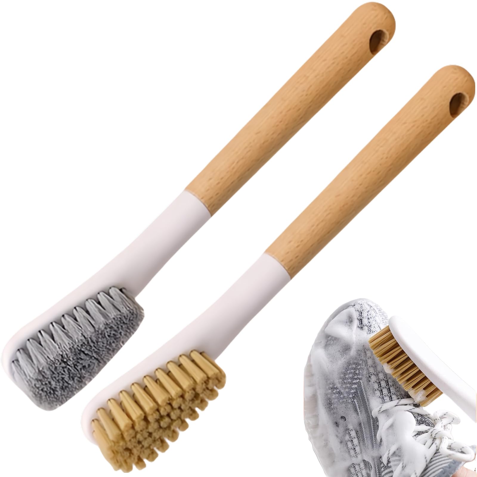 Photo 1 of 2PCS Wood Laundry Stain Brush Soft Bristles Cleaning Brush Long Handle Clothes Brush Laundry Brush for Stain Removal on Clothes Fabrics Sneaker Shoes Cleaner Brush