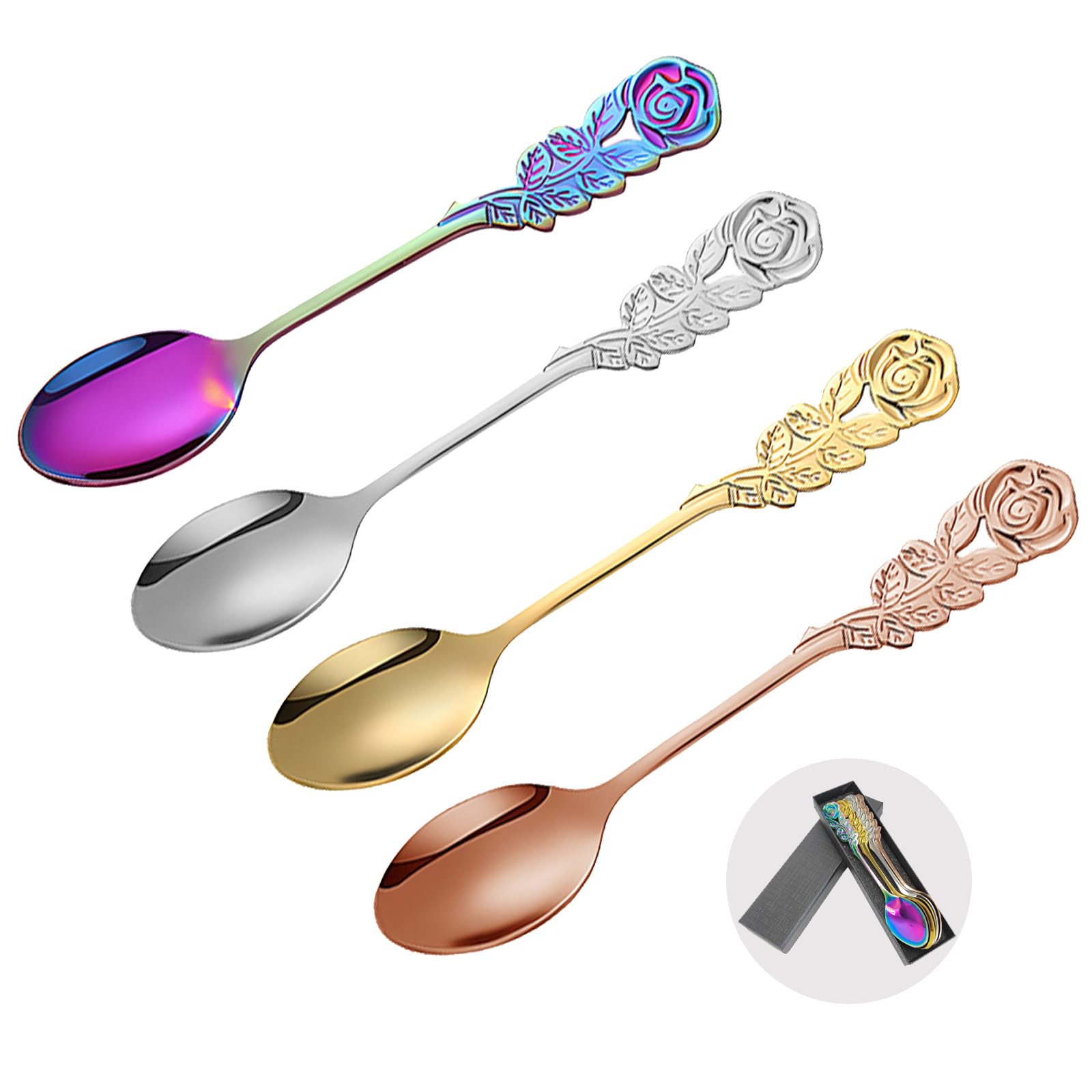 Retro Teaspoons Gift, 4 Pcs Coffee Spoons with Delicate Rose Handle 13 cm Coffee Cake Dessert Sugar Stirring Spoons with Gift Box