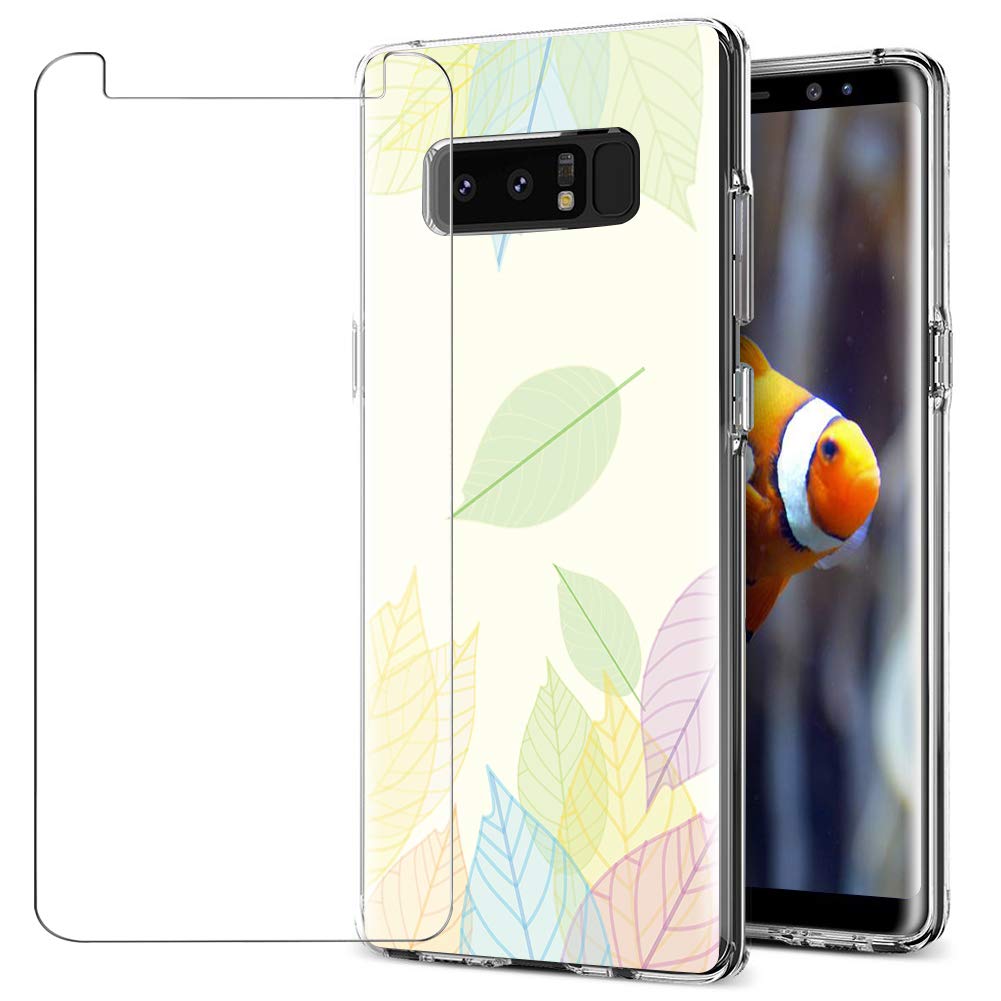 MadBee Galaxy Note 8 Case + Tempered Glass Screen Protector, Colorful Pattern Printed Design Clear Soft Flexible TPU Protective Cover Case for Samsung Galaxy Note 8 (Leaf 2)