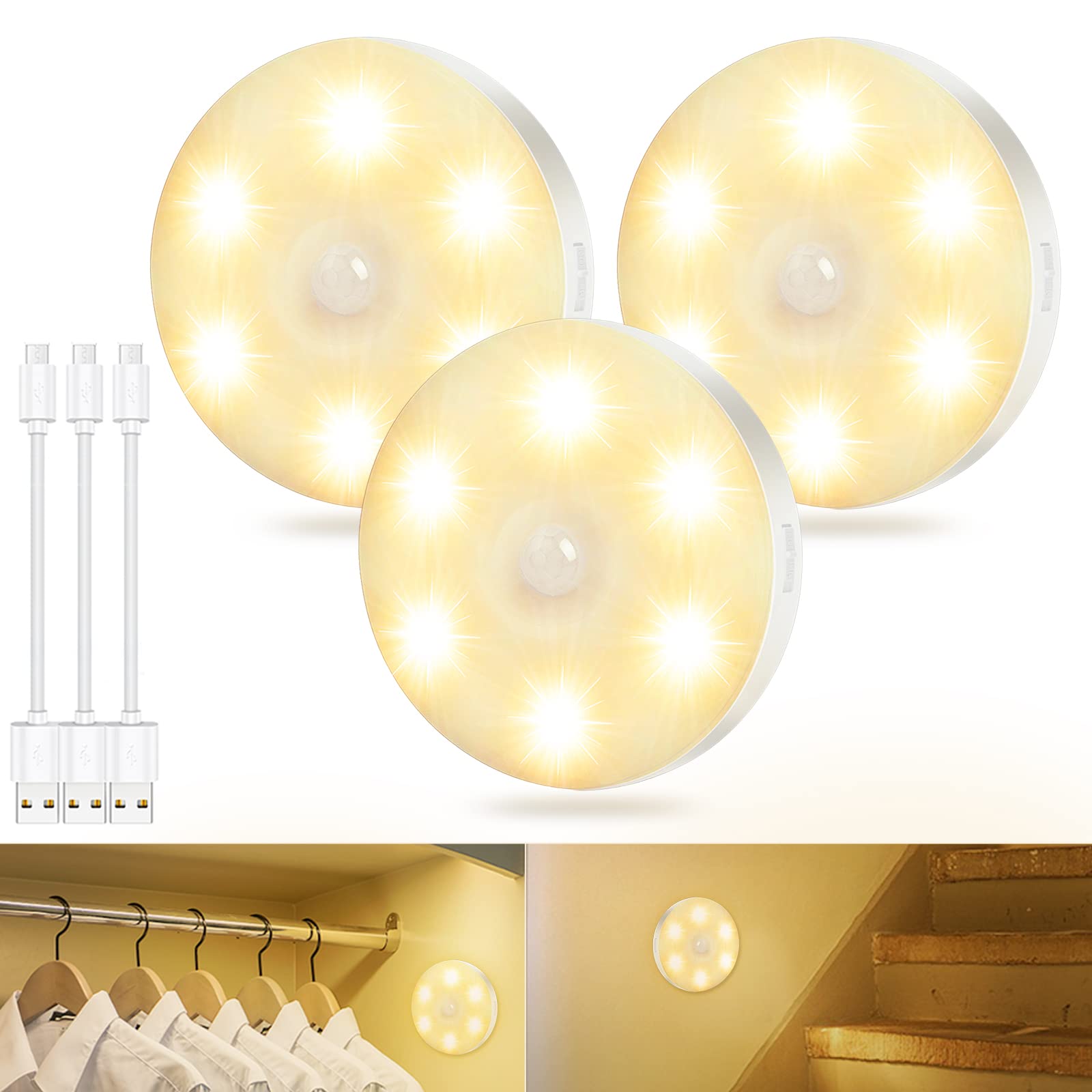 Night Light with Motion Sensor USB Rechargeable LED Cabinet Lighting Stair Lighting LED with Motion Sensor Warm White for Hallway, Stairs, Bedroom, Kitchen and Cupboard