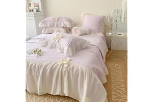 IHOUSTRIY Duvet Cover Queen Size, Ruffle Beddding Set with Bowtie, 3 Pieces Comforter Cover Set with Zipper Closure, Girl Princess Bedding with Pillowcase - Light Purple, Queen