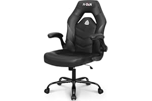 N-GEN GAMING Video Gaming Chair Ergonomic Office Desk Chair with Lumbar Support Adjustable Height Padded Flip Up Arms and Swivel Wheels Racing Style Design for Adults with PU Leather (Black)