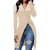 Glozeplus Sexy Sweaters For Women Long Sleeve Tunics Zip Up Ribbed Tops Knit Side Split Asymmetrical Blouse Top