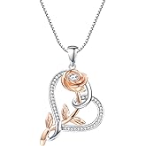 NUOKUN Flower Rose Necklace for Women, 925 Sterling Silver Heart Pendant Necklaces Jewelry Birthday Mothers Day Gifts for Wife Mom Girlfriend Grandma