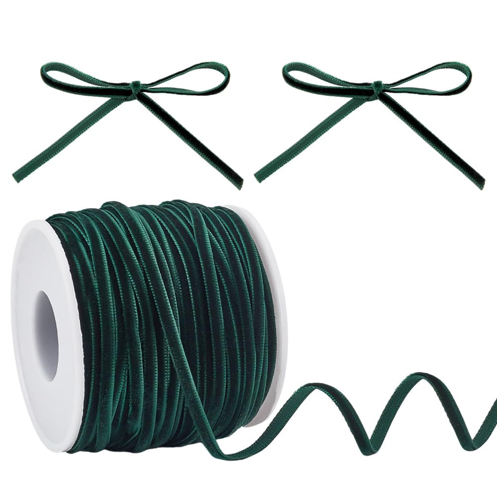 HOBBIESAY Velvet Ribbon - 50 Yards Dark Green, Single Face, Narrow, Vintage for Wedding Invitations, Christmas Tree Crafts, Home Party Decoration